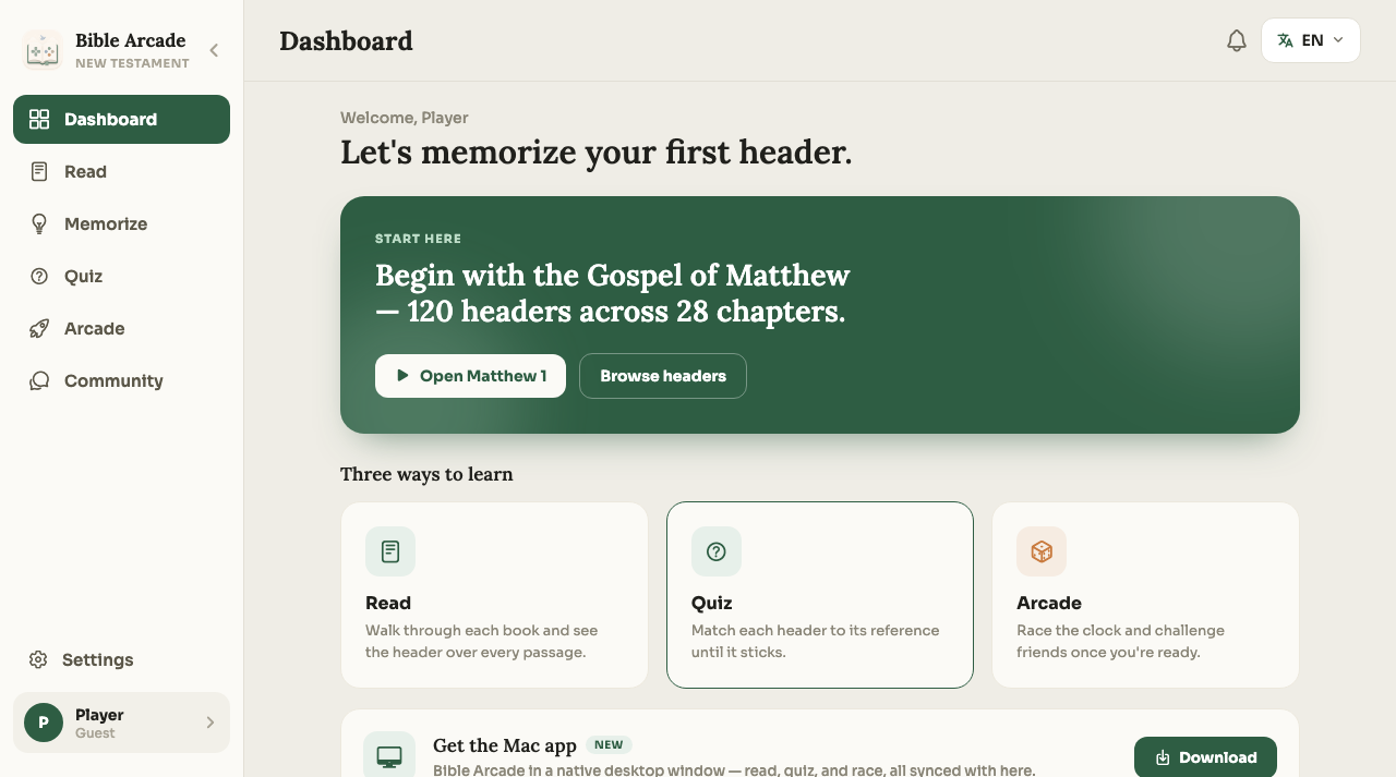 BibleArcade — read, memorize, quiz, and arcade dashboard